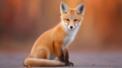 Fototapeta premium Curious Red Fox Cub Sitting Calmly in Autumn Landscape with Warm Background and Dreamy Bokeh Effect, Perfect for Nature and Wildlife Photography