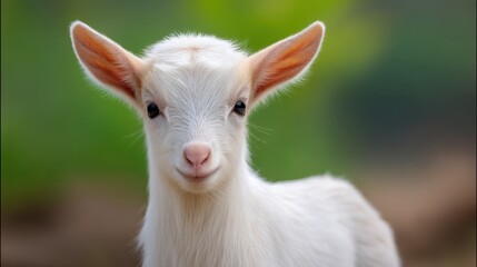 Obraz premium Adorable Young Goat Smiling in Natural Habitat with Soft Focus Background and Bright Eyes Capturing the Charm of Farm Life and Animal Companionship