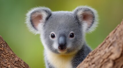 Adorable koala framed by natural greenery, with soft fur and expressive eyes, capturing the essence of wildlife in a serene environment