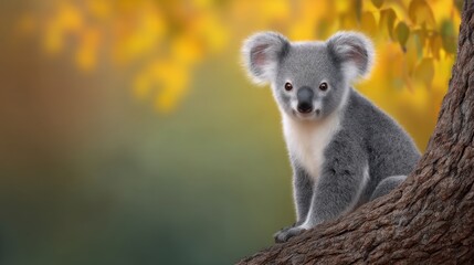 Naklejka premium Adorable Koala Sitting on Tree Branch Surrounded by Bright Autumn Leaves in Soft Natural Light, Wildlife in Peaceful Habitat Setting