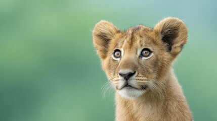 Obraz premium Captivating Young Lion Cub with Enchanting Eyes Surrounded by Soft Green Nature Backdrop Emphasizing Innocence and Curiosity in the Animal Kingdom