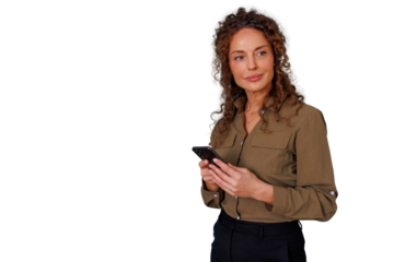 Mature businesswoman using mobile phone, looking away with thoughtful expression, standing on transparent background