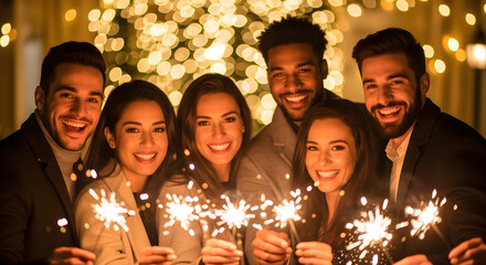 Group of multicultural friends celebrating New Year’s Eve, holding sparklers and smiling, golden bokeh background — festive lifestyle concept.