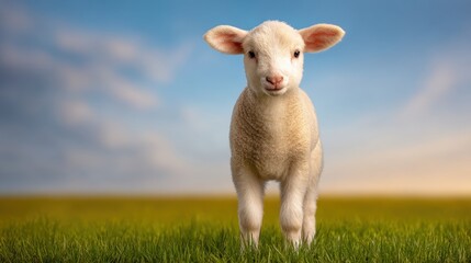 Obraz premium Cute playful lamb standing on vibrant green grass under a clear blue sky during sunset, capturing the essence of livestock and nature's beauty in springtime.