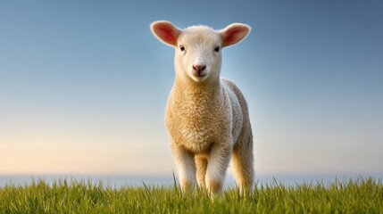 Fototapeta premium Adorable young lamb standing on green grass under a clear blue sky, showcasing innocence and beauty of nature in a serene landscape setting