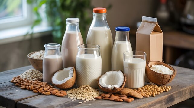 Assorted dairy-free milk alternatives displayed elegantly on a rustic wooden surface showing the variety of plant-based beverage options for healthy lifestyles.
