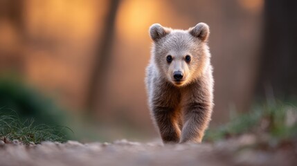 Obraz premium Adorable young bear with soft fur walking on a forest path during golden hour, showcasing wildlife beauty in a natural environment