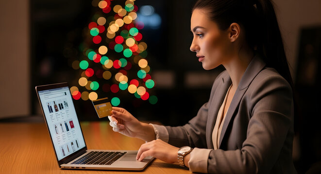 Young businesswoman using a laptop and holding a credit card, blurred Christmas lights in background — online shopping and e-commerce concept.