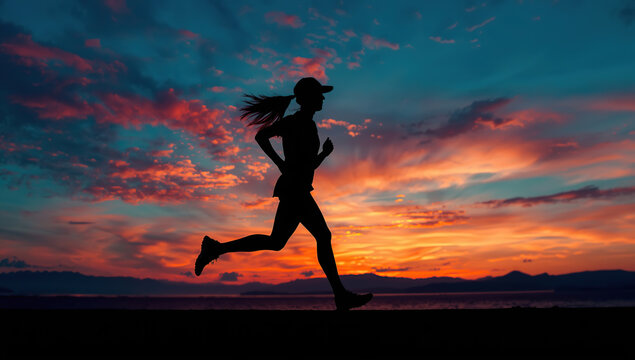 Dynamic silhouette of a woman running outdoors during sunrise or sunset, captured in warm, glowing light