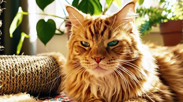 Majestic ginger cat with striking eyes, lounging beside a scratching post and leafy plants