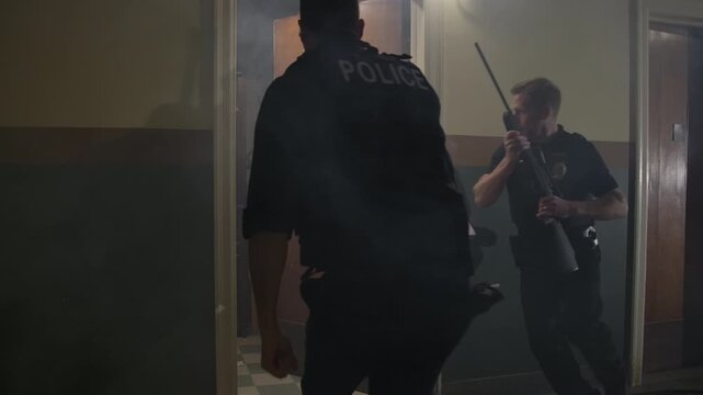 Police arrest action scene slow motion in flop house