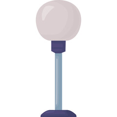 A simple vector illustration of a modern lamp with a spherical light bulb on a blue pole and dark blue base on a transparent white background. Retro style pixel art
