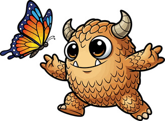 curious horned creature gently greets a beautiful butterfly with wide eyes