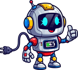 energetic robot mascot fully powered, signals approval and digital readiness