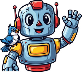 caring robot waves, welcoming its feathered friend to future