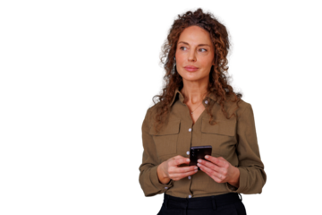 Middle-aged woman holding a mobile phone, looking to the side with a pensive expression. Transparent background