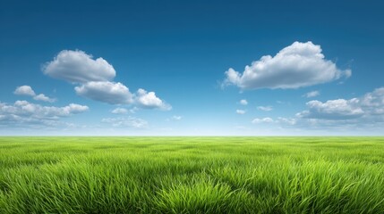 Obraz premium Expansive Green Grass Field Under a Bright Blue Sky with Fluffy White Clouds Perfect for Nature and Landscape Photography