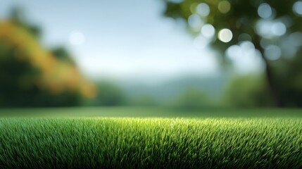 Naklejka premium Lush Green Grass Field Under Soft Morning Light with Blurred Nature Background in a Calm and Serene Outdoor Environment