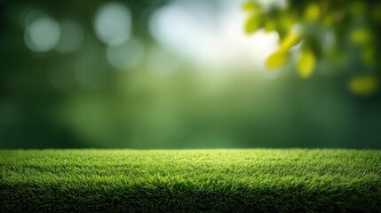 Naklejka premium Lush Green Grass Surface with Soft Bokeh Background and Natural Light Enhancing Vibrant Colors in a Serene Outdoor Setting for Nature Themes