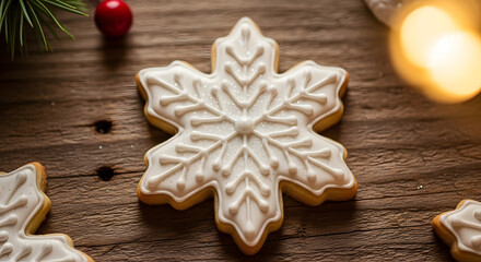 Close-up of snowflake-shaped cookie with icing, placed on a rustic wooden table — holiday baking theme.