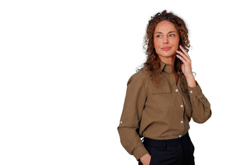 Fototapeta premium Businesswoman talking on phone with curly hair, communicating for work, staying connected on transparent background