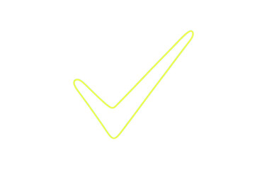 Glowing neon check mark symbol indicating approval, success, verification, and completion on a transparent background