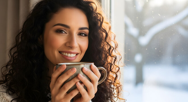 Beautiful woman with curly hair holding a cup of coffee and smiling near a window with winter light &mdash; natural lifestyle.