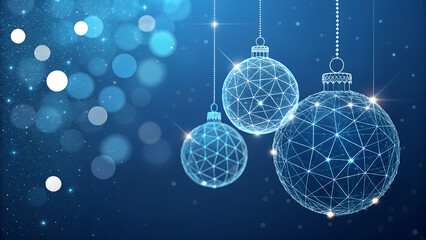 Decorative blue Christmas ornaments hanging on a sparkling background  