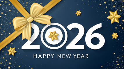 Happy New Year 2026 greeting with golden stars and ribbon  