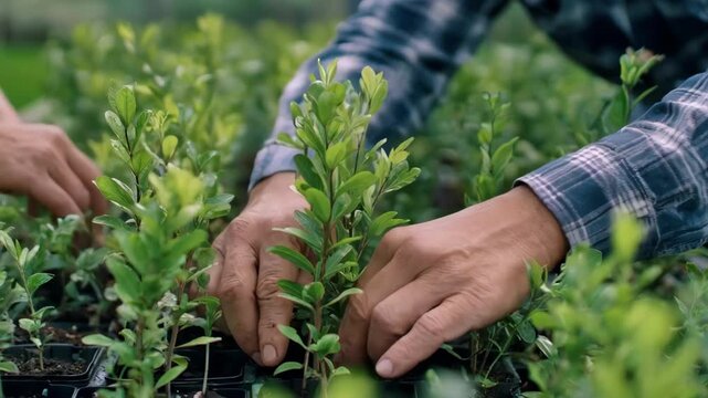 Medium shot capturing a selective breeding process with farmers examining plant traits focusing on gradual improvement of yield and stress tolerance.