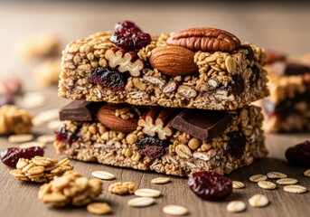 Fototapeta premium A pile of delicious granola bars decorated with nuts, fruit and chocolate pieces