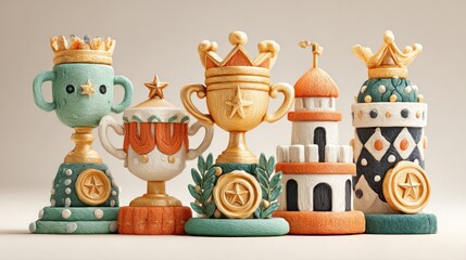 Colorful Trophy Collection with Crowns and Stars, Ideal for Awards and Achievements