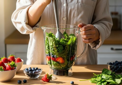 Making a healthy fruit and green smoothie in a blender with fresh ingredients