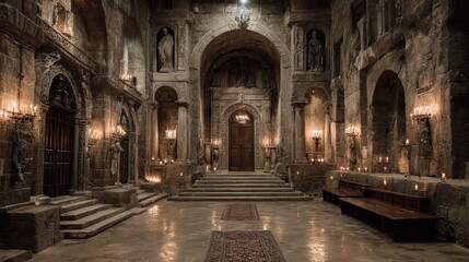 Dramatic interior of an old castle hall lit by candles creating an atmospheric scene