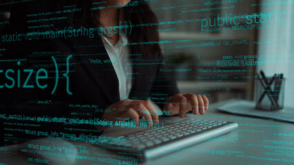 A professional programmer focuses on coding in a modern office, surrounded by digital interfaces and abstract data graphics, showcasing innovation in technology. Xenic