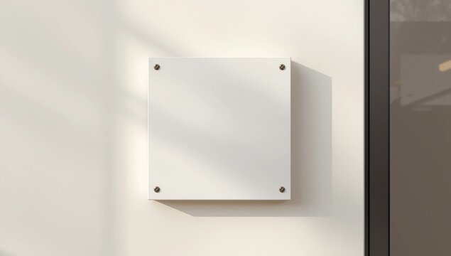Blank white signboard on wall with screws, mockup for logo or text. Clear signage on textured wall beside wooden door frame - Powered by Adobe