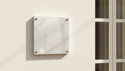 Blank white signboard on wall with screws, mockup for logo or text. Clear signage on textured wall beside wooden door frame