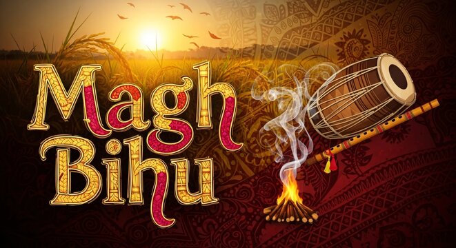 Magh Bihu Festival India Celebration Traditional Drum Bonfire Assam Culture Harvest Season Greetings