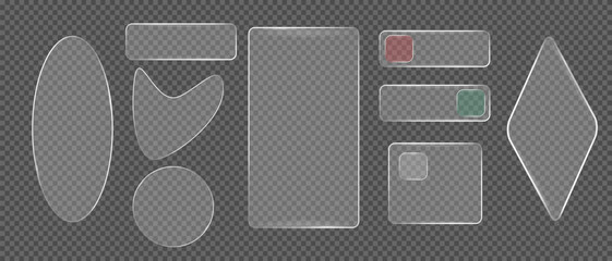 Glass frame collection geometric elements. Button and plates set . white translucent shapes with radiant borders. Various rectangle, morphism designs with glowing edges. transparent overlay