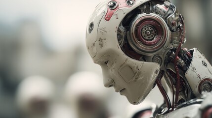 Portrait of a contemplative humanoid robot looking downwards with intricate details