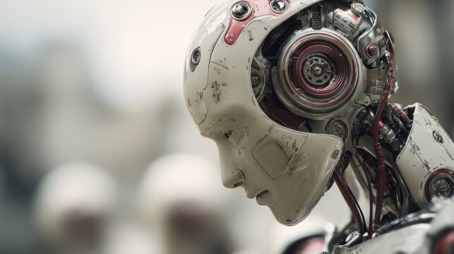 Portrait of a contemplative humanoid robot looking downwards with intricate details
