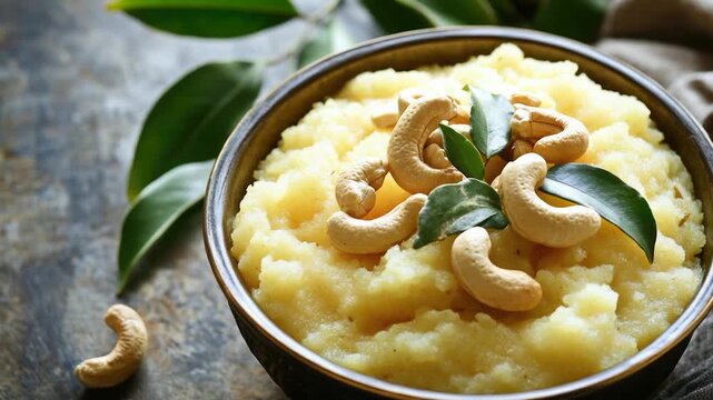 A bowl filled with creamy mashed potatoes and topped with crunchy cashews