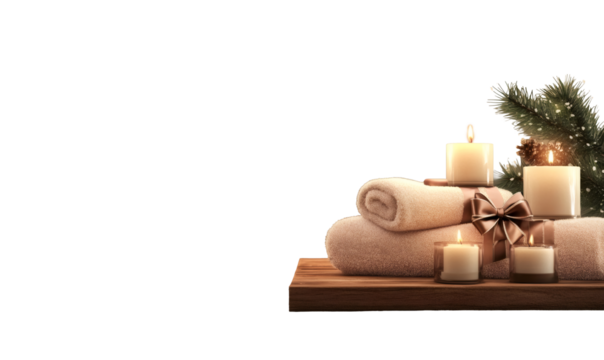Warm spa setup with folded towels, lit candles, and pine branches for christmas relaxation, transparent background