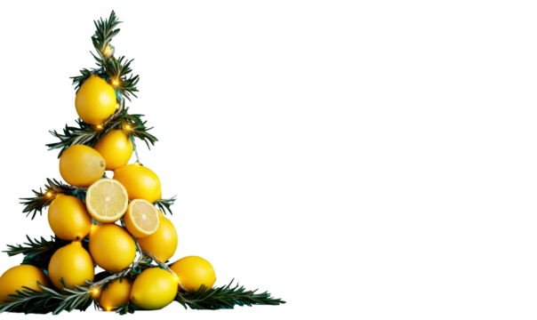 Lemons and rosemary forming a creative christmas tree, illuminated with small lights