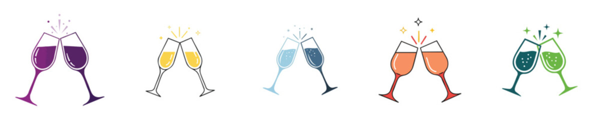 Celebration Toast Vector Clinking Drink Glasses in Colorful Flat Design for Festive New Year Party Theme