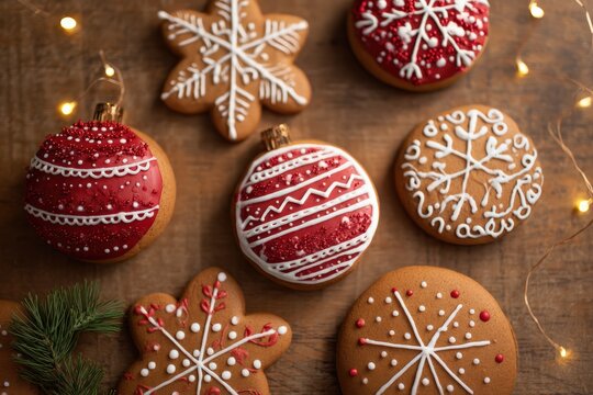 Gingerbread cookies with festive red and white icing decoration arranged on a wooden background with fairy lights