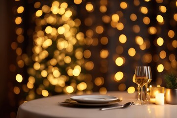 Prepared dinner table setting for a romantic celebration with sparkling bokeh lights in the background and soft candlelight
