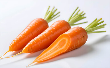 Fresh carrots with greens, perfect for vitamin-rich veggies. Showcases vibrant orange for raw snack and soup visuals.