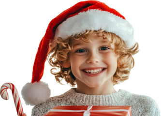 Smiling child wearing santa hat holding a christmas gift and candy cane with transparent background