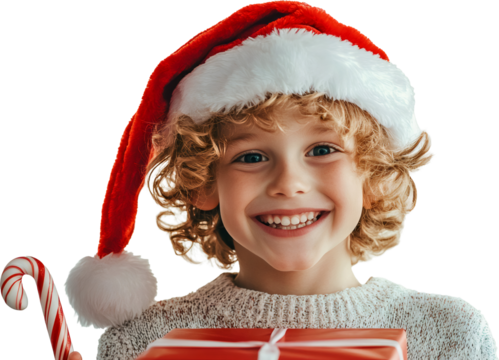 Smiling child wearing santa hat holding a christmas gift and candy cane with transparent background